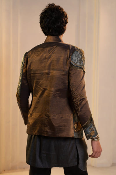 Jatin Malik Bronze tissue short jacket set JATIAPR26D142714