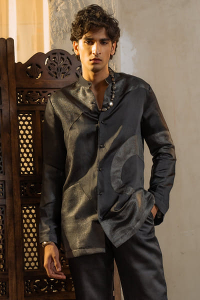 Jatin Malik Charcoal grey patchwork kurta set JATIAPR26D142702