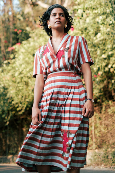 Jodi Red and blue striped block printed skirt JODIJUN26D147153
