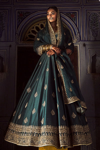 Bottle green hand embroidered lehenga set