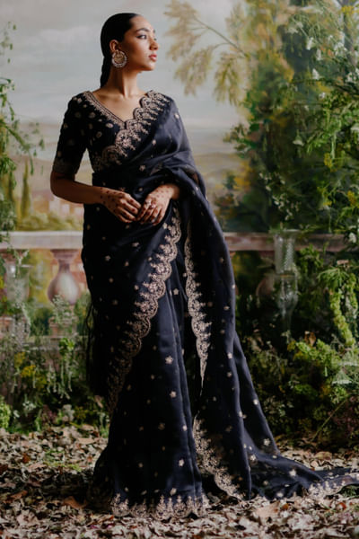Black dori embroidered sari set
