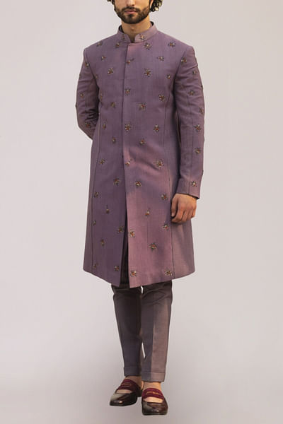 Purple embroidered achkan set