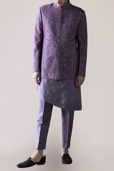 Purple embroidered bandhgala set