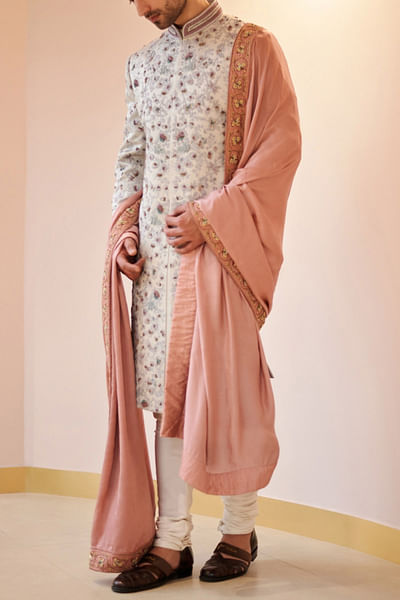 Silver grey embroidered sherwani set