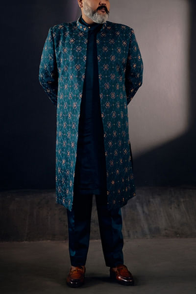 Green floral sherwani set