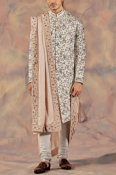 Silver embroidered sherwani set