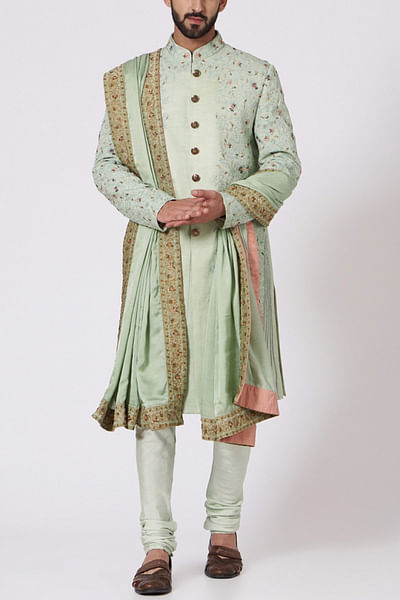 Embroidered silk sherwani set