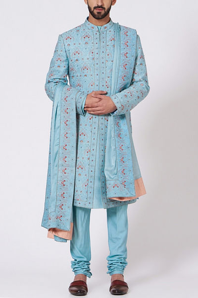Blue embroidered sherwani set