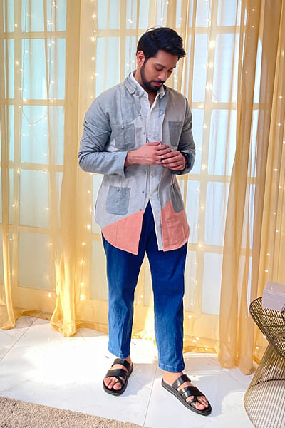 Grey colourblocked overshirt set