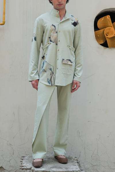 Green knit linen overshirt set