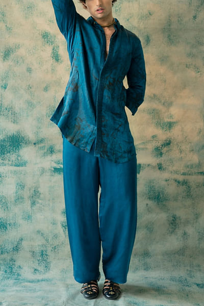 New teal marble dye pintuck kurta set