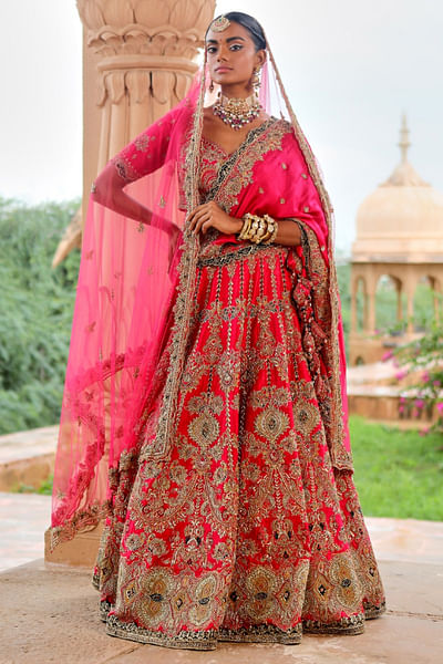 Fuchsia pink embroidered lehenga set