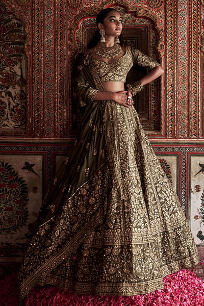 Olive green hand embroidered lehenga set