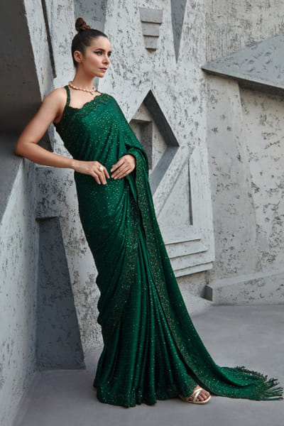 Jigar Mali Emerald green sequin embroidered sari set JIGMAY25D127432