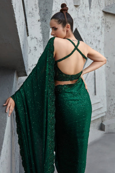 Jigar Mali Emerald green sequin embroidered sari set JIGMAY25D127432