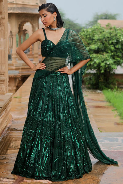 Emerald green embroidered lehenga sari set
