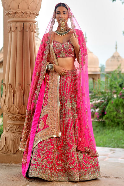 Fuchsia pink aari embroidered lehenga set