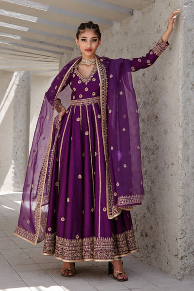 Purple dori embroidered anarkali set