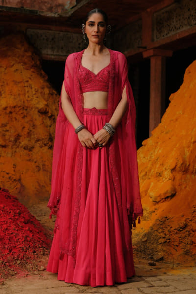 Jigar Mali Hot pink dori embroidered cape-skirt set JIGAJUL26D250835