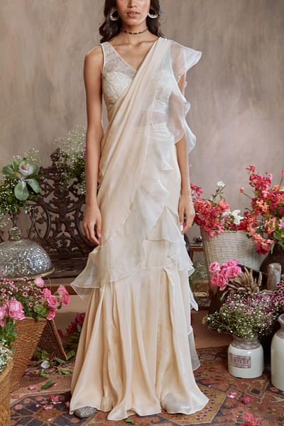 Ivory ruffled chiffon sari set