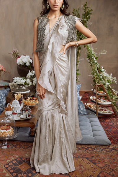 Lunar silver ruffle sari set