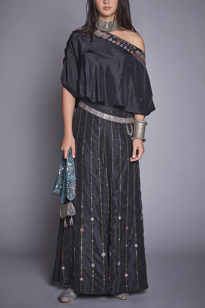 Black off shoulder blouse and palazzos