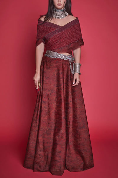 Marsala red embroidered lehenga and wrap top