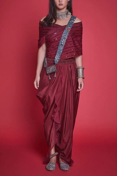 Marsala red off shoulder top and dhoti pants
