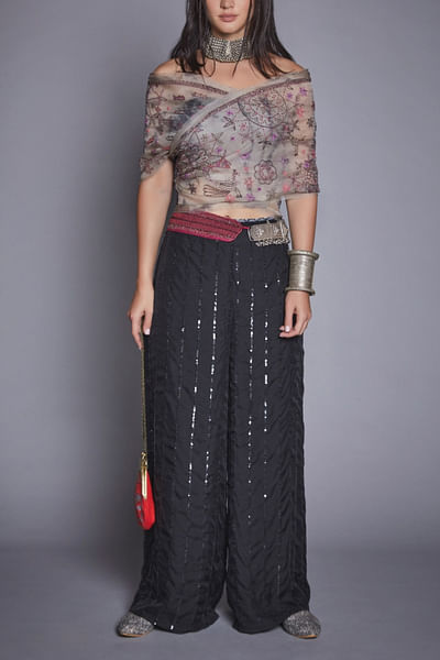 Black and grey embroidered top and pants