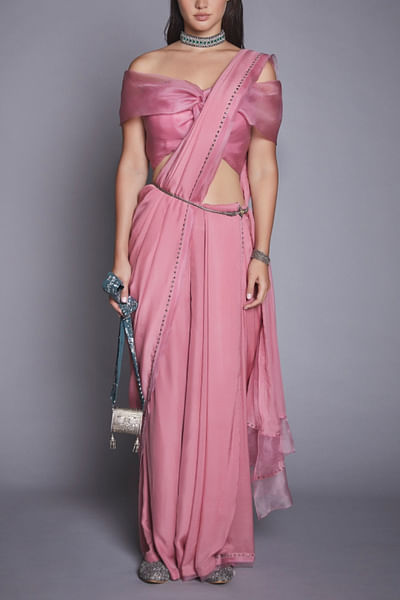 Rose pink draped pant sari set