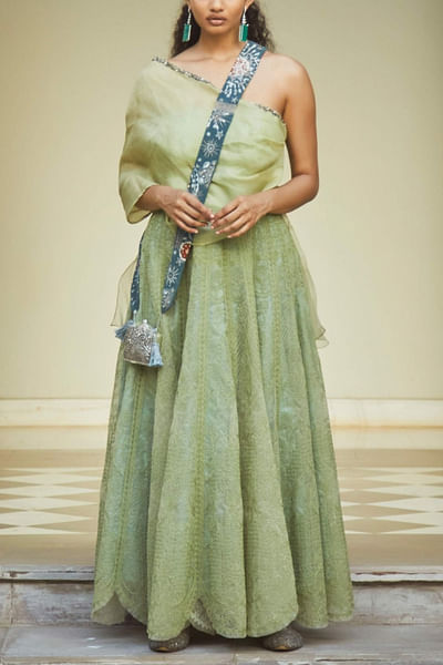 Green one shoulder gown
