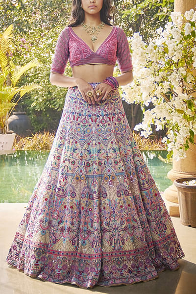 Ivory and coral embroidered lehenga set