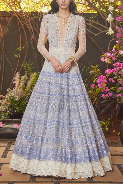 Ivory and blue embroidered gown
