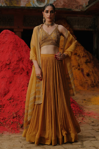 Jigar Mali Mustard dori embroidered cape-skirt set JIGAJUL26D250844