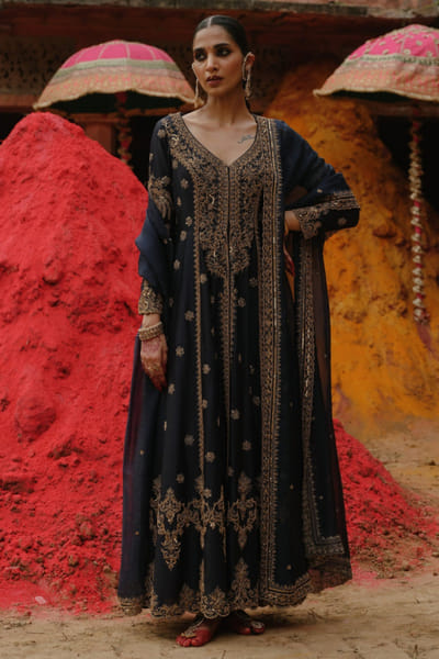 Jigar Mali Navy blue dori embroidered jacket set JIGAAUG26D151432