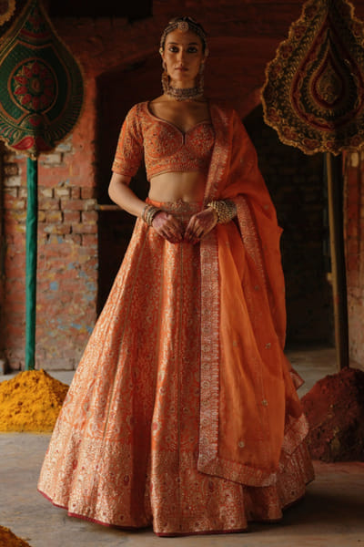 Jigar Mali Orange hand embroidered banarasi lehenga set JIGAAUG26D151439