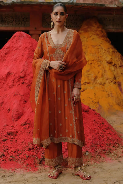 Jigar Mali Rust dori hand embroidered kurta set JIGAAUG26D151449