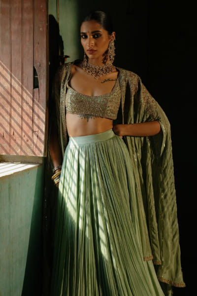 Jigar Mali Sage green dori embroidered cape and skirt set JIGAJUL26D250825