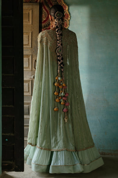 Jigar Mali Sage green dori embroidered cape and skirt set JIGAJUL26D250825