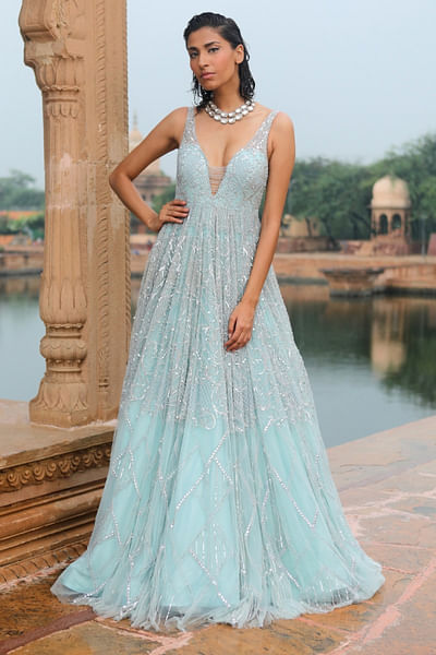 Ice blue embellished gown