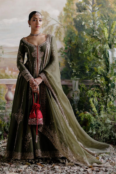 Olive green jacket anarkali set