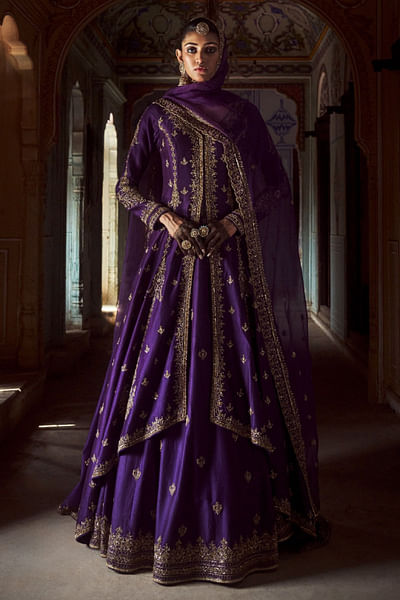 Purple hand embroidered jacket and skirt set