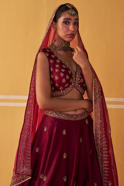 Wine dori embroidered lehenga set