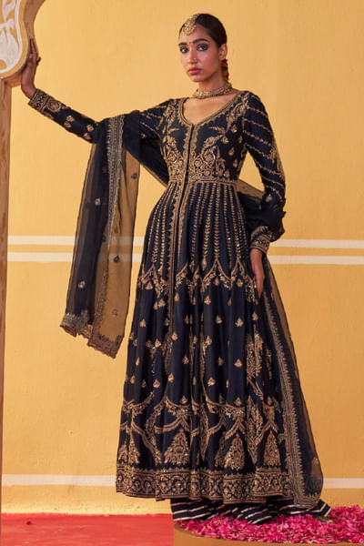 Navy blue dori embroidered anarkali set