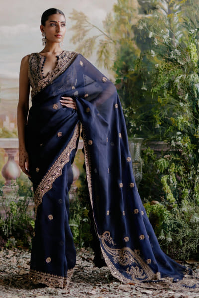 Jigar Mali Navy blue dori embroidered sari set JIGMAY25D127747
