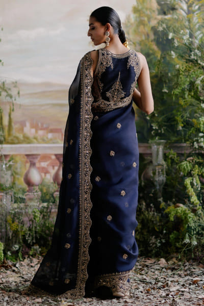 Jigar Mali Navy blue dori embroidered sari set JIGMAY25D127747