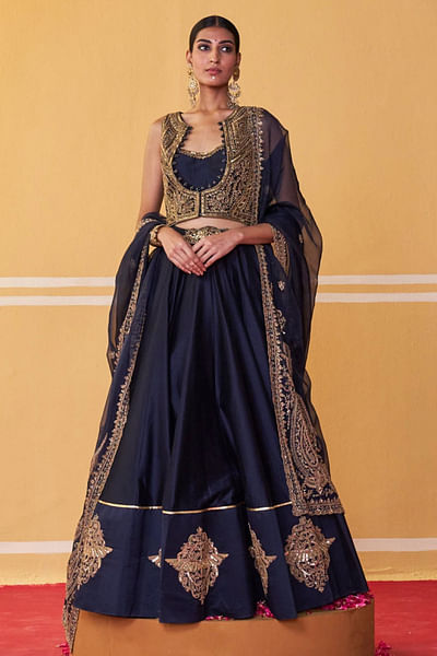 Navy blue dori embroidered lehenga set