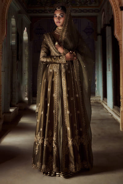 Olive green embroidered jacket and skirt set