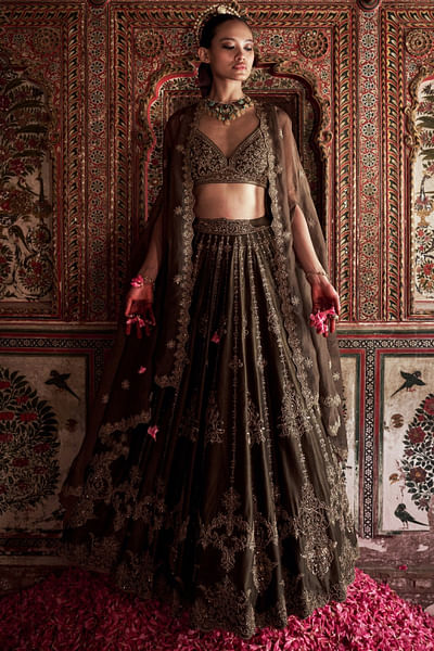 Olive green dori embroidered lehenga set