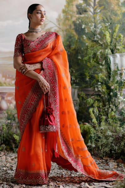Jigar Mali Orange aari embroidered sari set JIGMAY25D127742